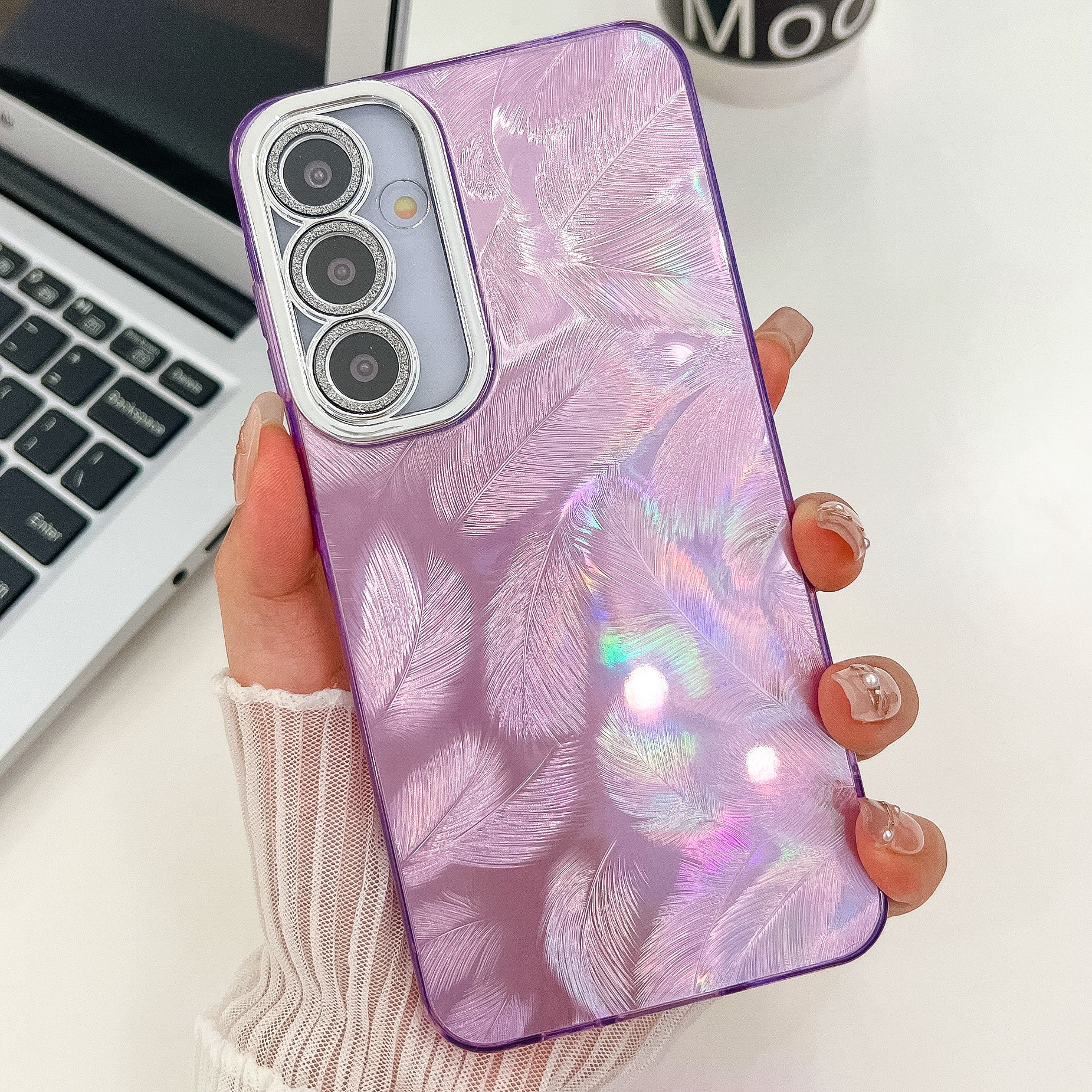 For Samsung Galaxy A16 4G / 5G Case IMD Design Shockproof PC+TPU Phone Cover with Glass Lens Film - Feather Pattern / Purple For Samsung Galaxy A16 4G / 5G Case IMD Design Shockproof PC+TPU Phone Cover with Glass Lens Film - Feather Pattern / Purple